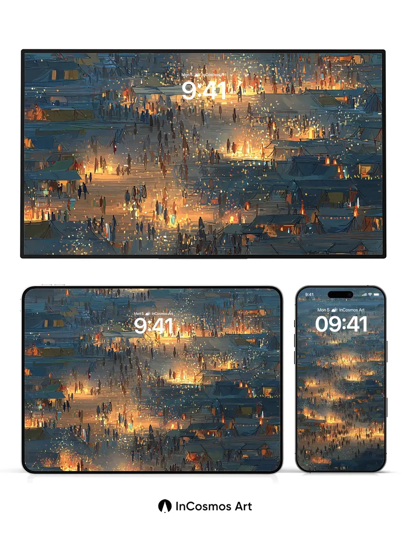 Golden Hush Wallpaper with Floating Lanterns