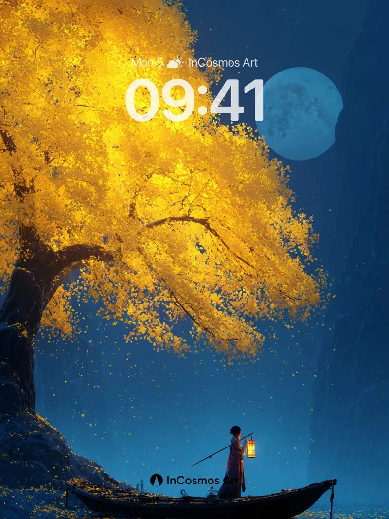 Golden Leaf Moonlight Wallpaper with Quiet Water wallpaper for iPhone, iPad & Mac