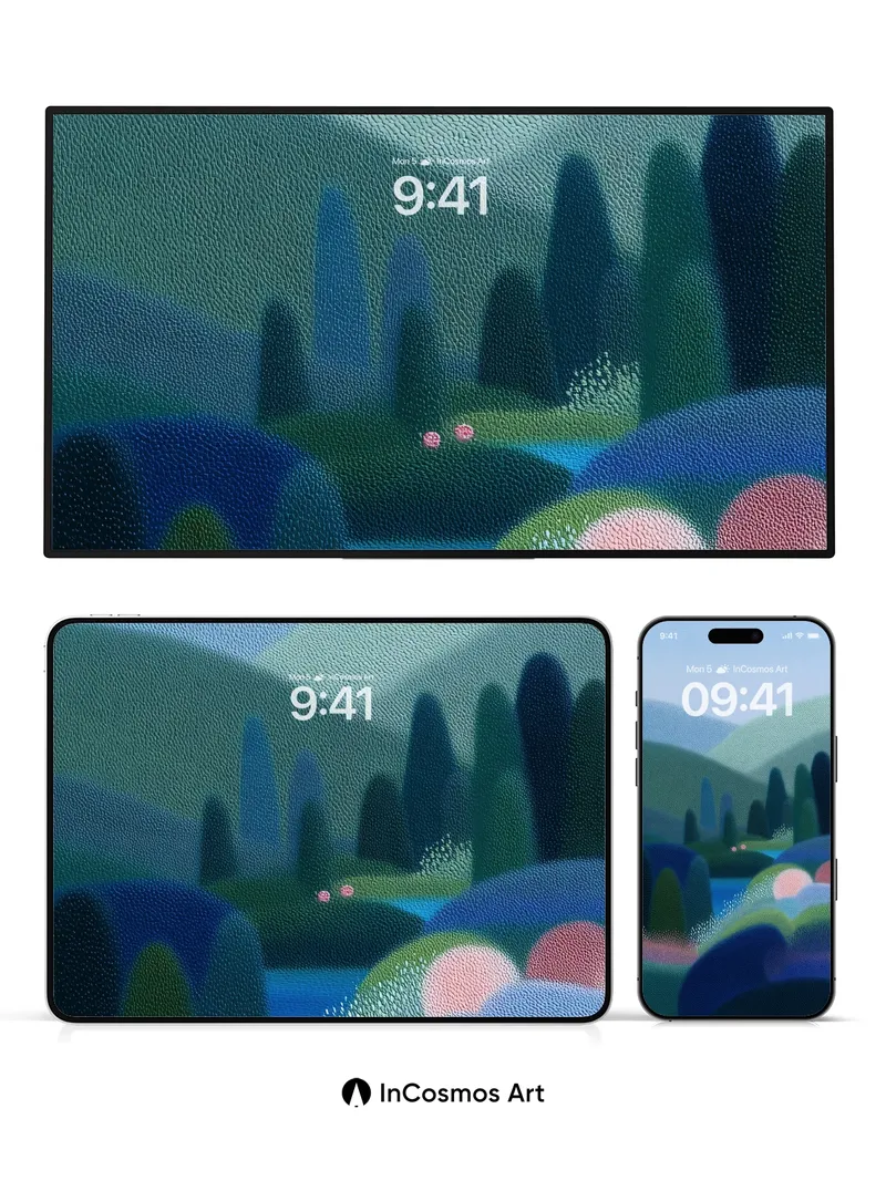 Mist-Swathed Valley Wallpaper with Dotted Light Trails