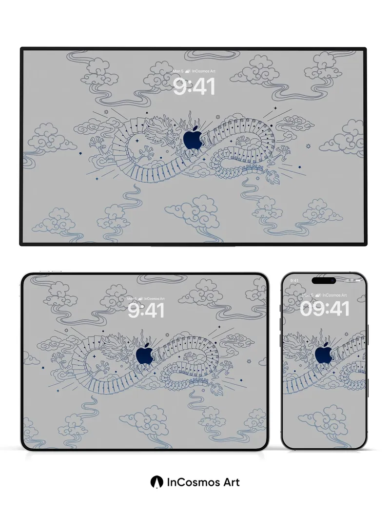 Serene Dragon Scroll Wallpaper with Apple Core