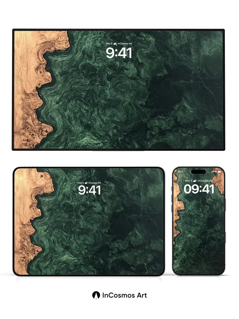 Emerald Abyss Wallpaper with Living Wood Edges