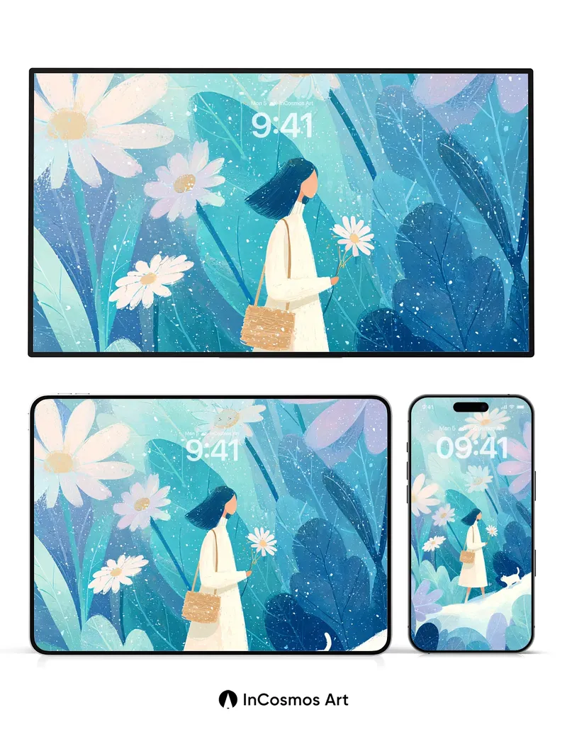 Serene Meadow Wallpaper with Floating Daisies