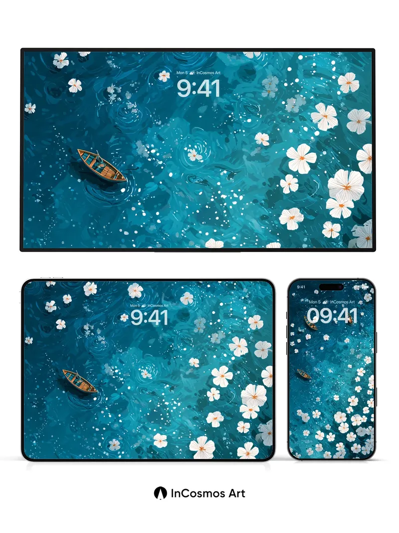 Serenity Blossom Wallpaper with Floating Canoes