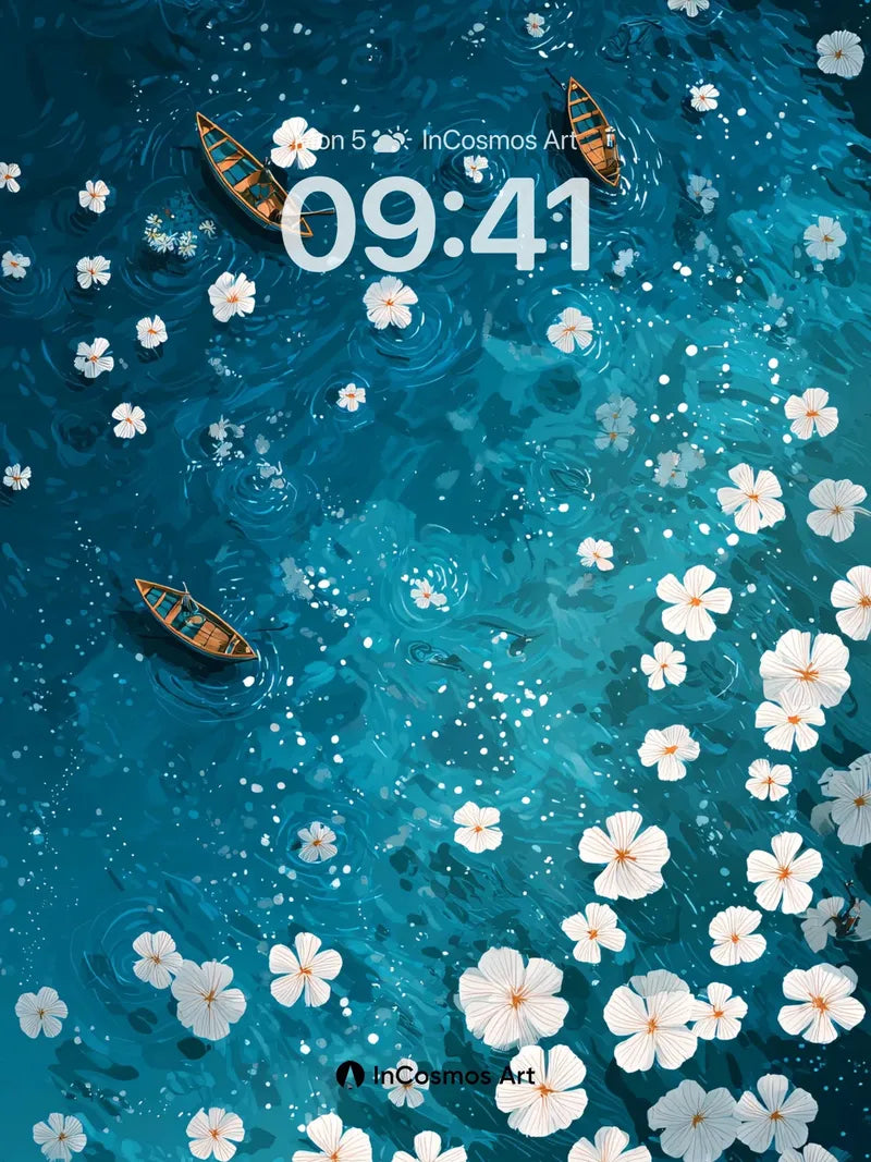 Serenity Blossom Wallpaper with Floating Canoes