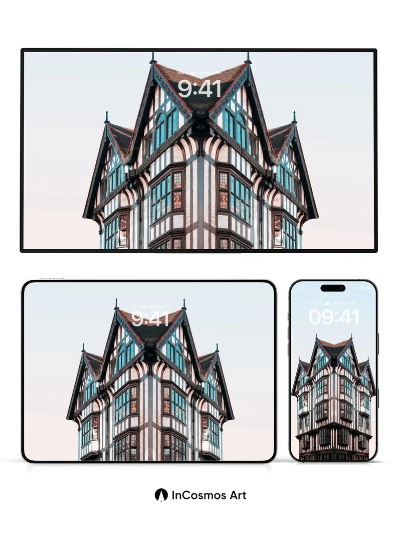 Whimsical Timber Frame Wallpaper with Skyward Gables