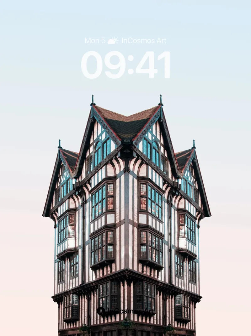 Whimsical Timber Frame Wallpaper with Skyward Gables