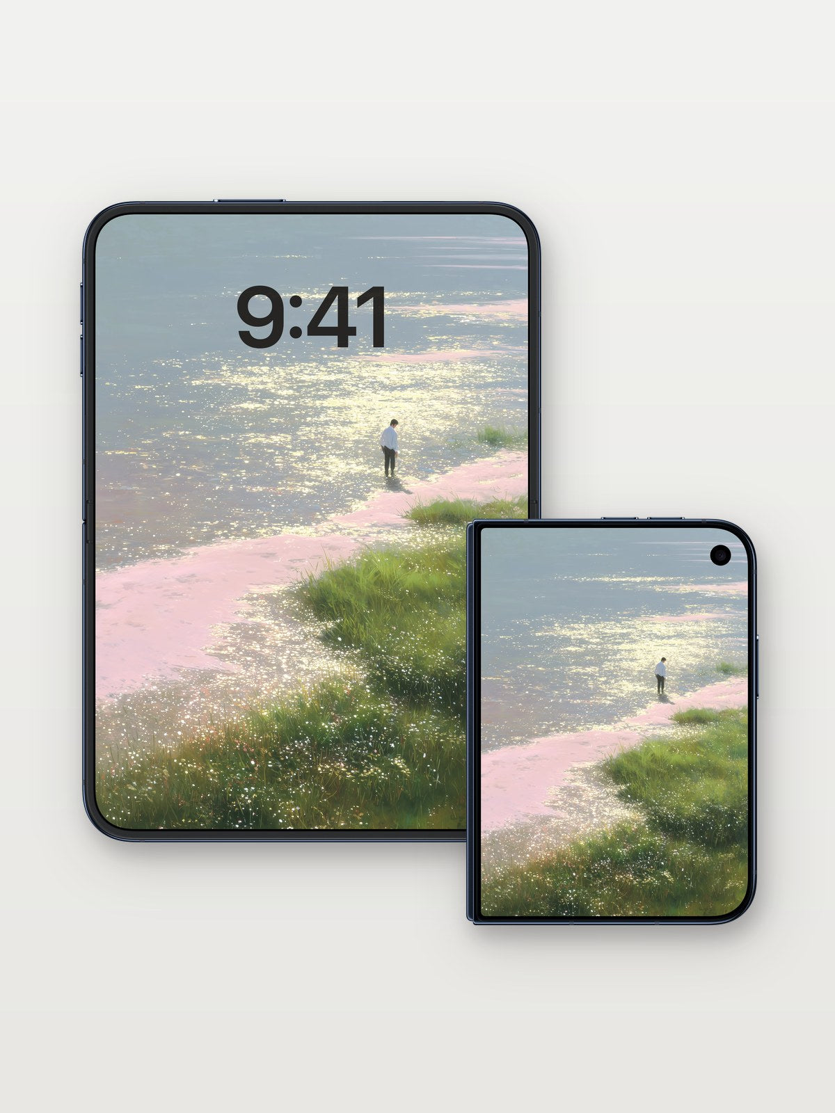 Serenity Shore Wallpaper with Golden Light Dust on iPhone Duo, open and closed