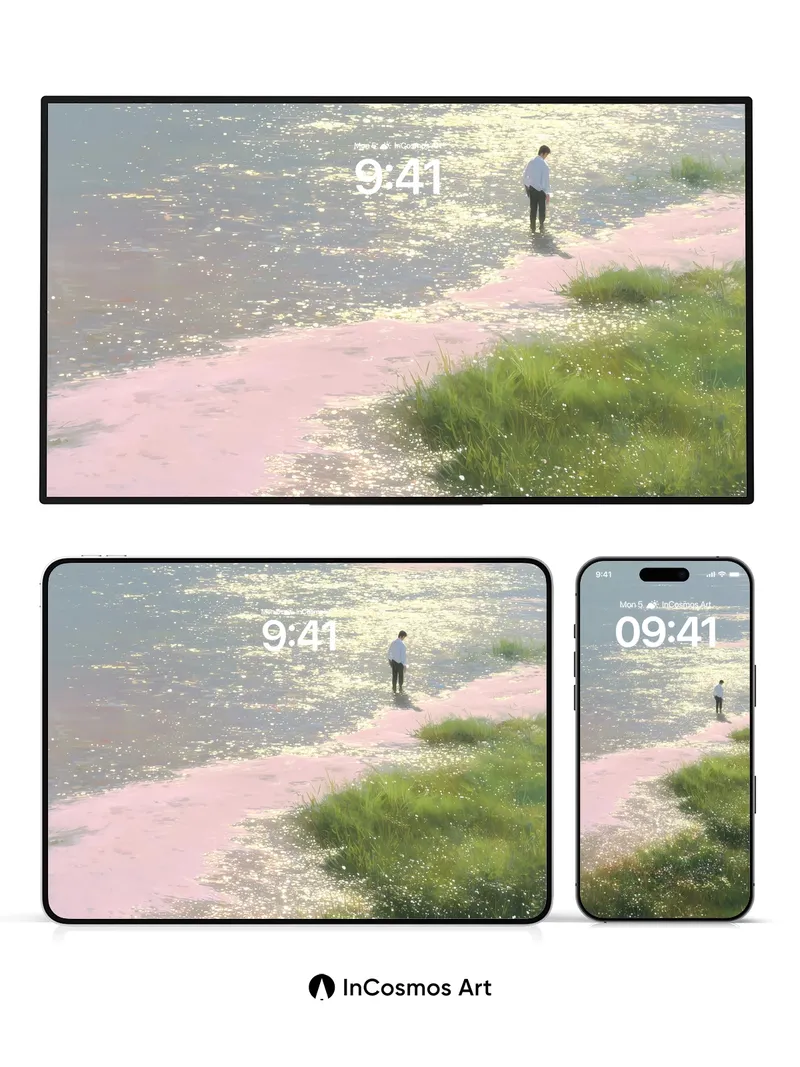 Serenity Shore Wallpaper with Golden Light Dust