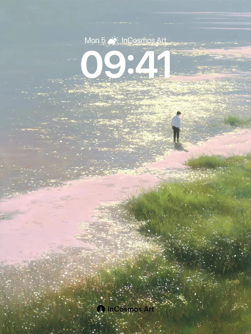 Serenity Shore Wallpaper with Golden Light Dust