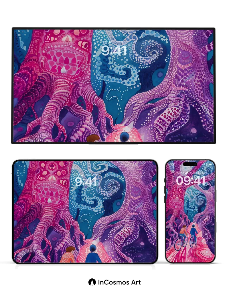 Surreal Vine Tangle Wallpaper with Cosmic Cyclists