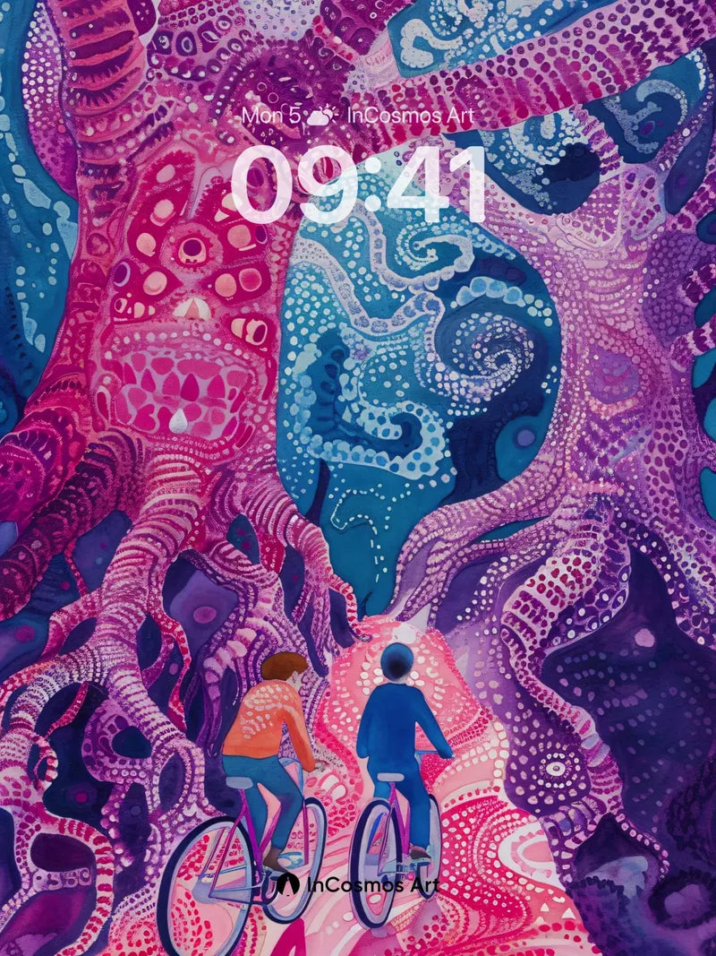 Surreal Vine Tangle Wallpaper with Cosmic Cyclists