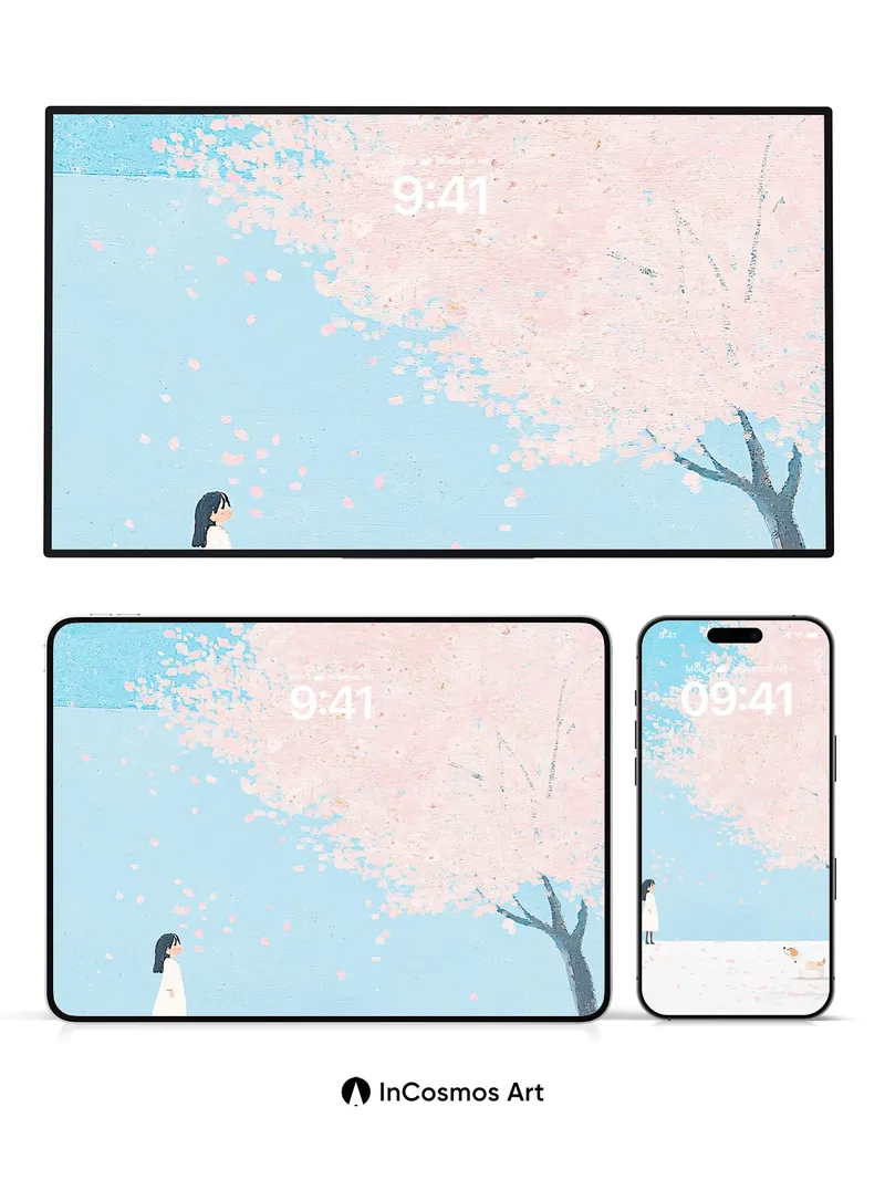 Serenity Cherry Bloom Wallpaper with Whispering Canine