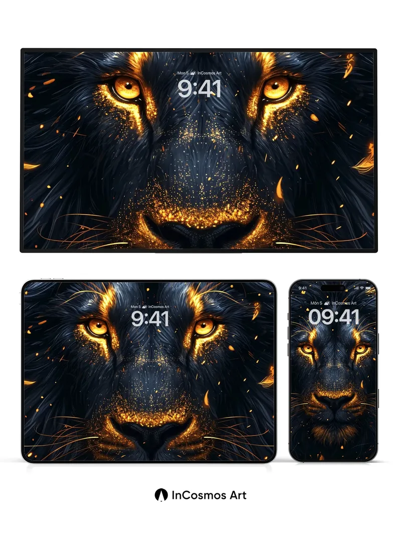 Ember-Eyed Lion Wallpaper with Cosmic Fur