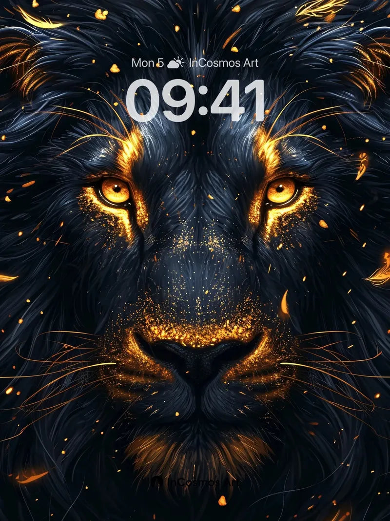 Ember-Eyed Lion Wallpaper with Cosmic Fur