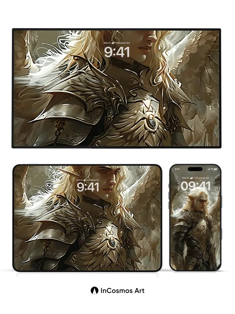 Ethereal Guardian Wallpaper with Feathered Armor