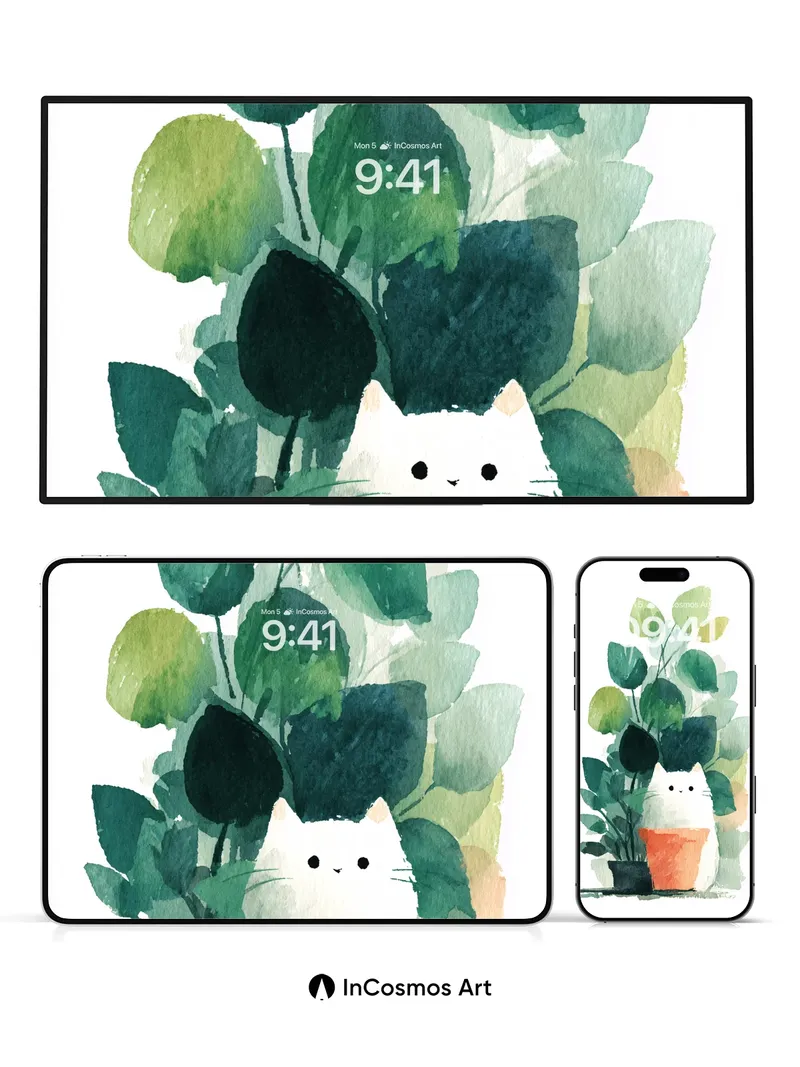 Serene Green Hush Wallpaper with Cat in Pot