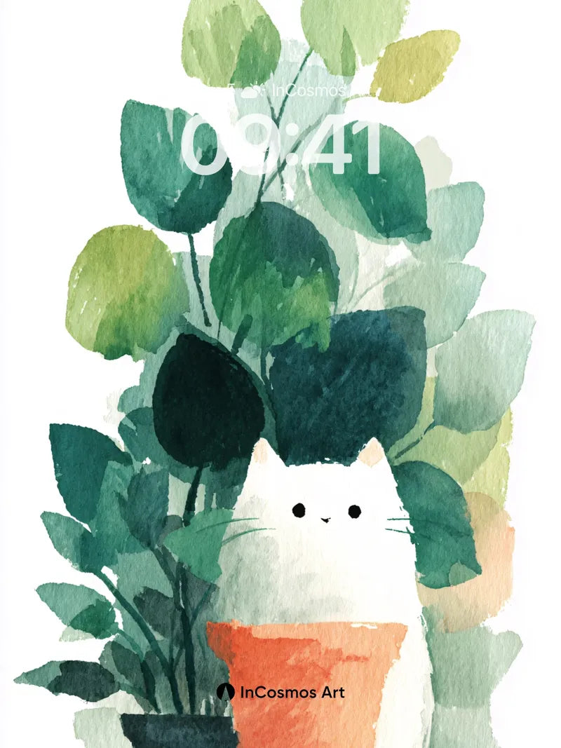 Serene Green Hush Wallpaper with Cat in Pot