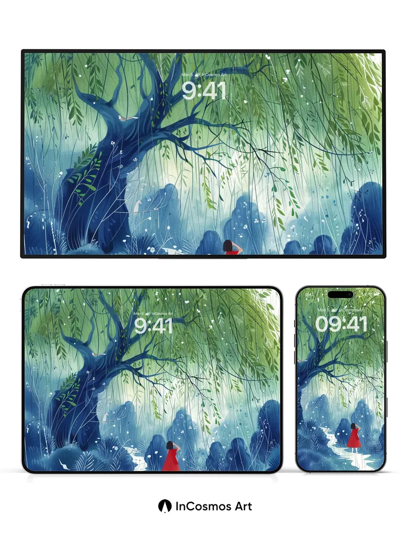 Whispering Willow Wallpaper with Floating Light