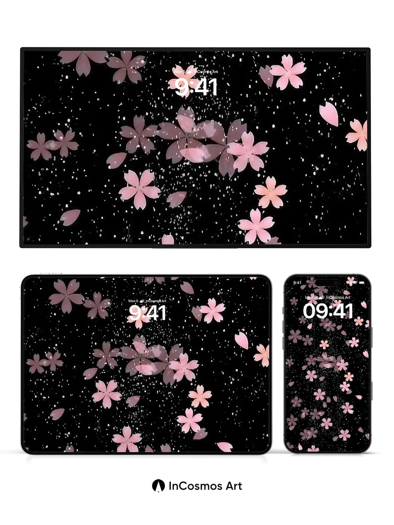 Midnight Cherry Petal Wallpaper with Starlight Dust
