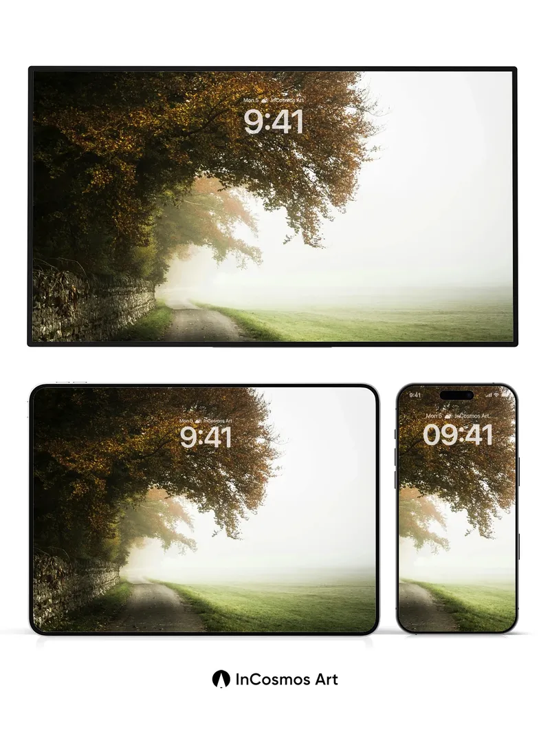 Misty Pathway Wallpaper with Autumn Whispers