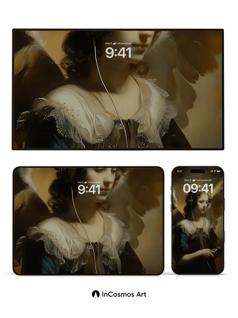 Serene Angelic Wallpaper with Modern Earphones