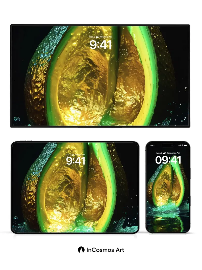 Luminous Avocado Wallpaper with Liquid Reflections