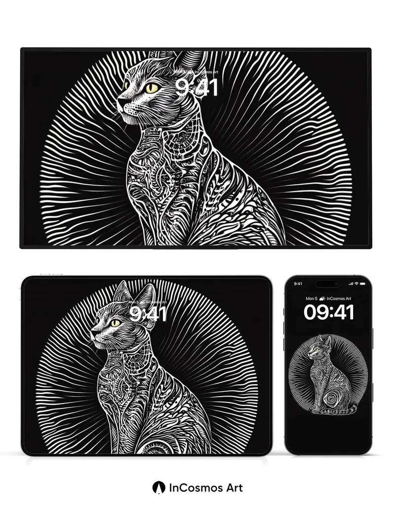 Sacred Geometry Cat Wallpaper with Cosmic Lines