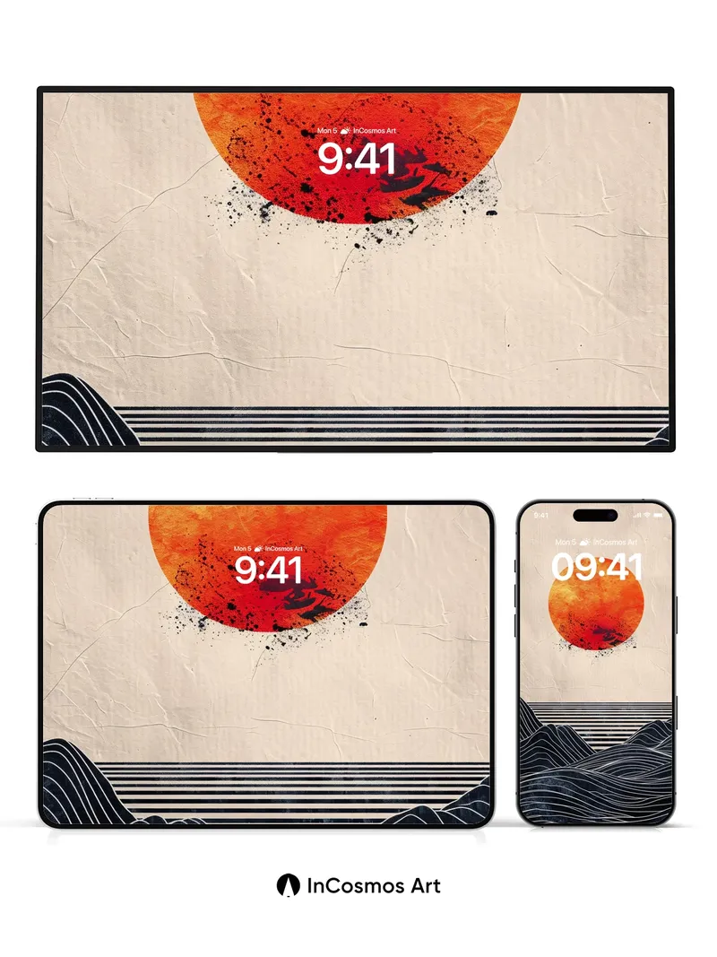 Crimson Horizon Wallpaper with Ink-Blot Sun