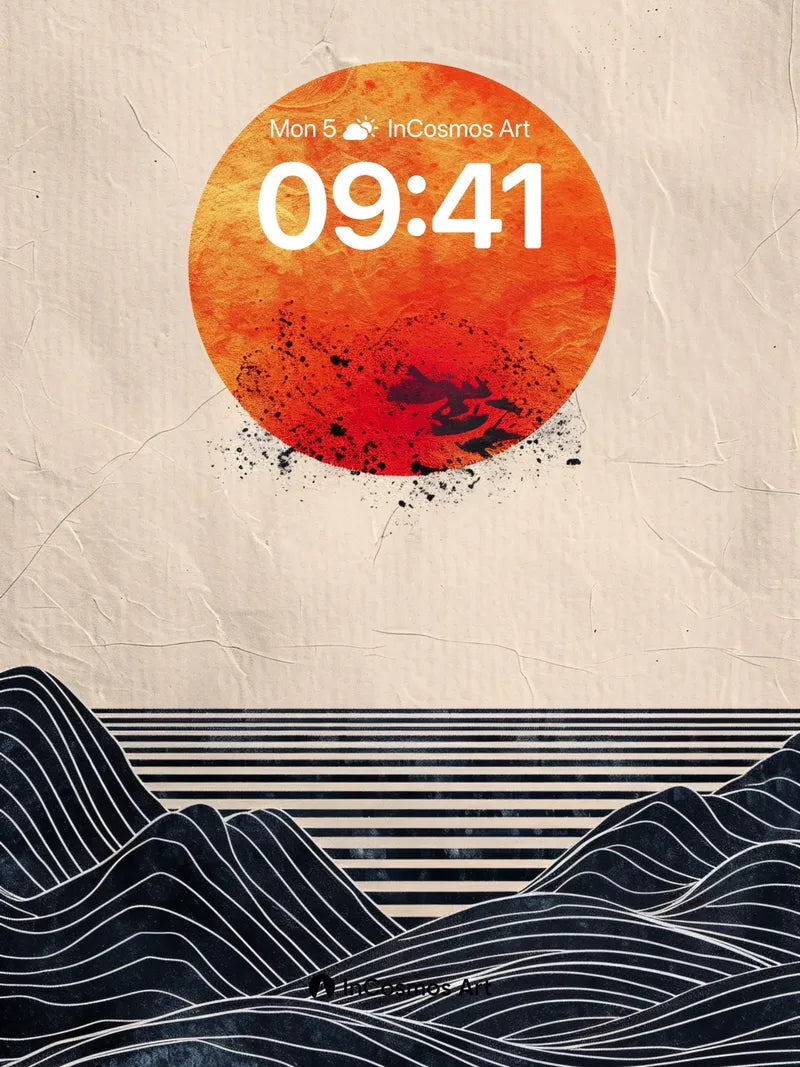 Crimson Horizon Wallpaper with Ink-Blot Sun