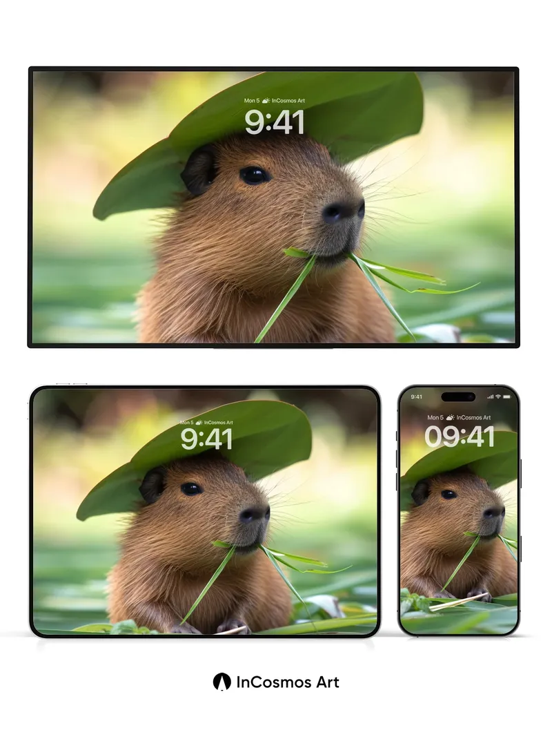 Whimsical Capybara Wallpaper with Leaf Hat