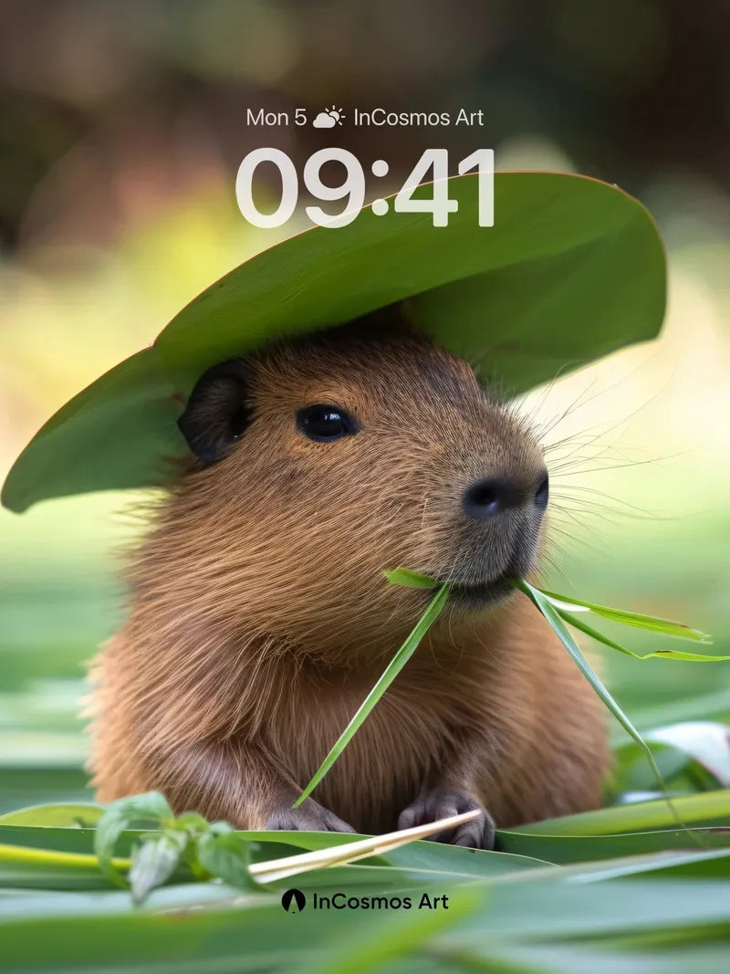 Whimsical Capybara Wallpaper with Leaf Hat