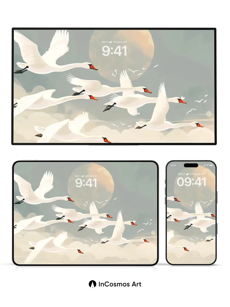 Lunar Flight Wallpaper with Swans in Mist