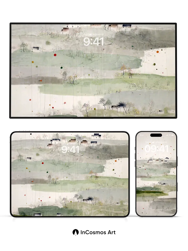 Serene Ink Wash Landscape Wallpaper with Floating Orbs