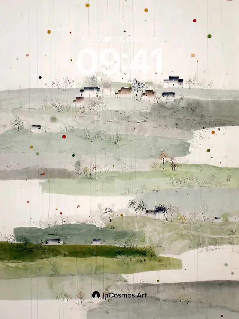 Serene Ink Wash Landscape Wallpaper with Floating Orbs