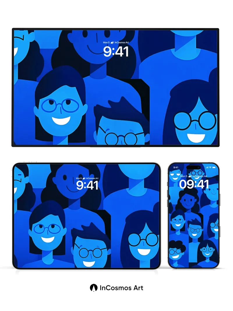 Blue Harmony Wallpaper with Smiling Faces
