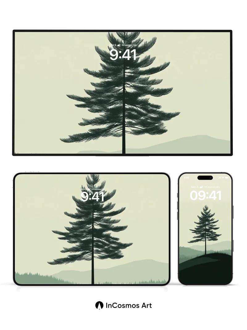 Serenity Pine Wallpaper with Misty Horizon