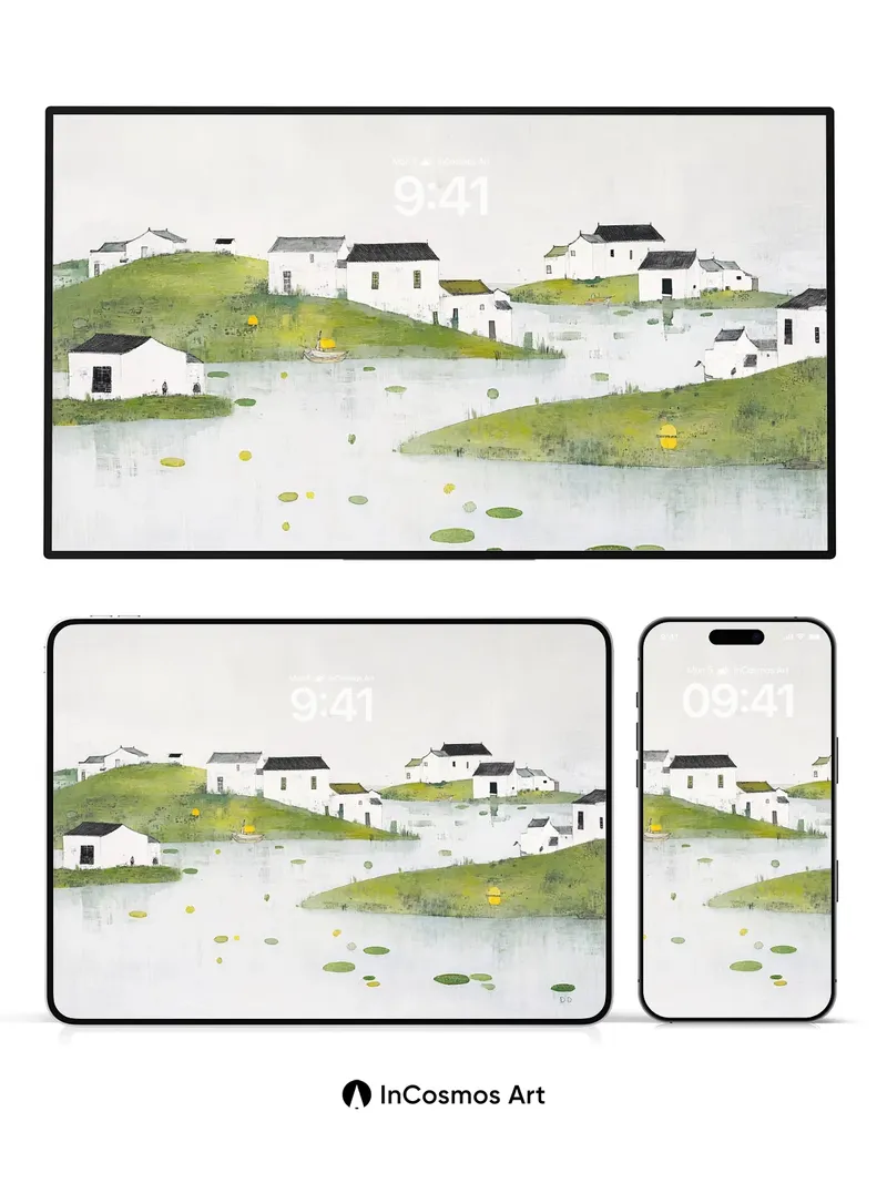 Serene Village Wallpaper with Floating Reflections