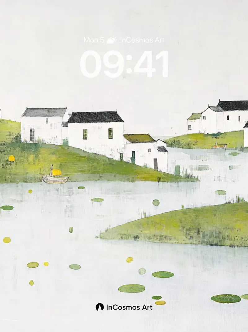 Serene Village Wallpaper with Floating Reflections