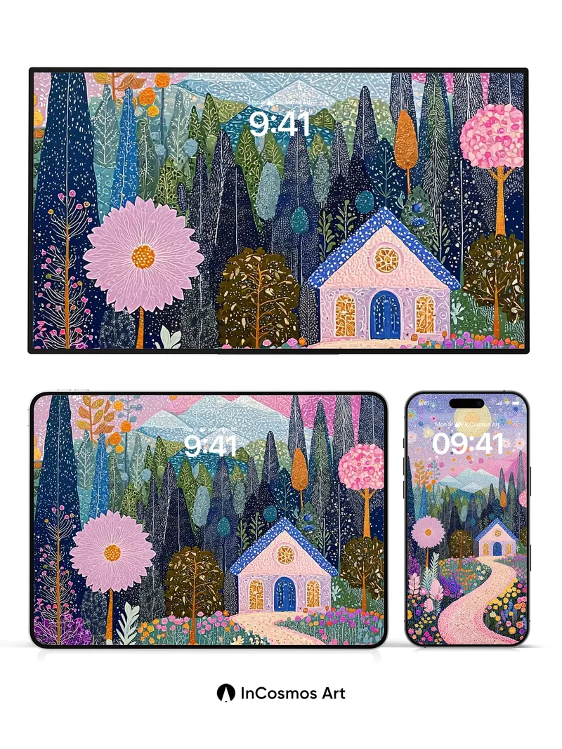 Whimsical Garden Wallpaper with Starlit Path