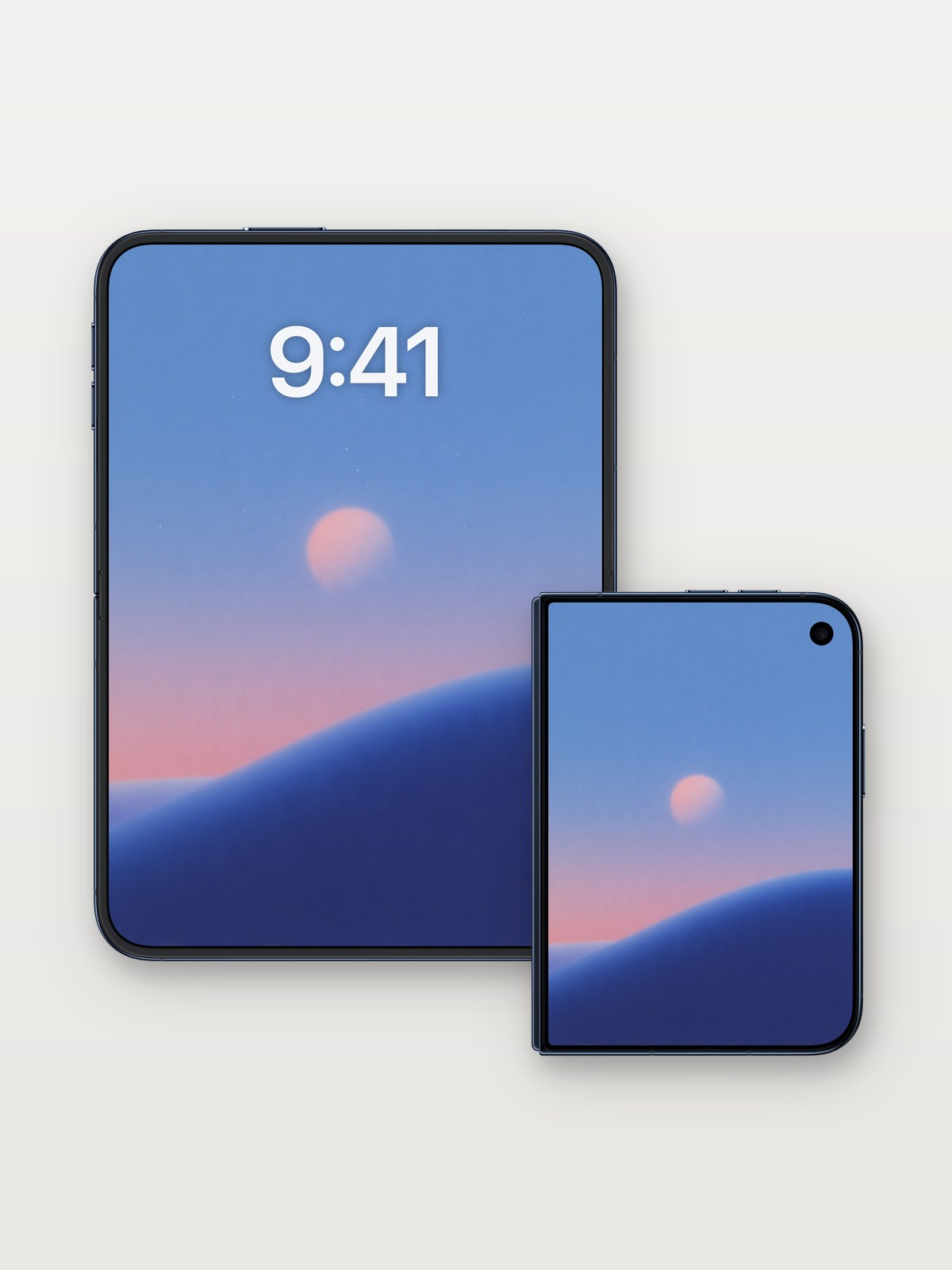 Serene Sunset Horizon Wallpaper on iPhone Duo, open and closed