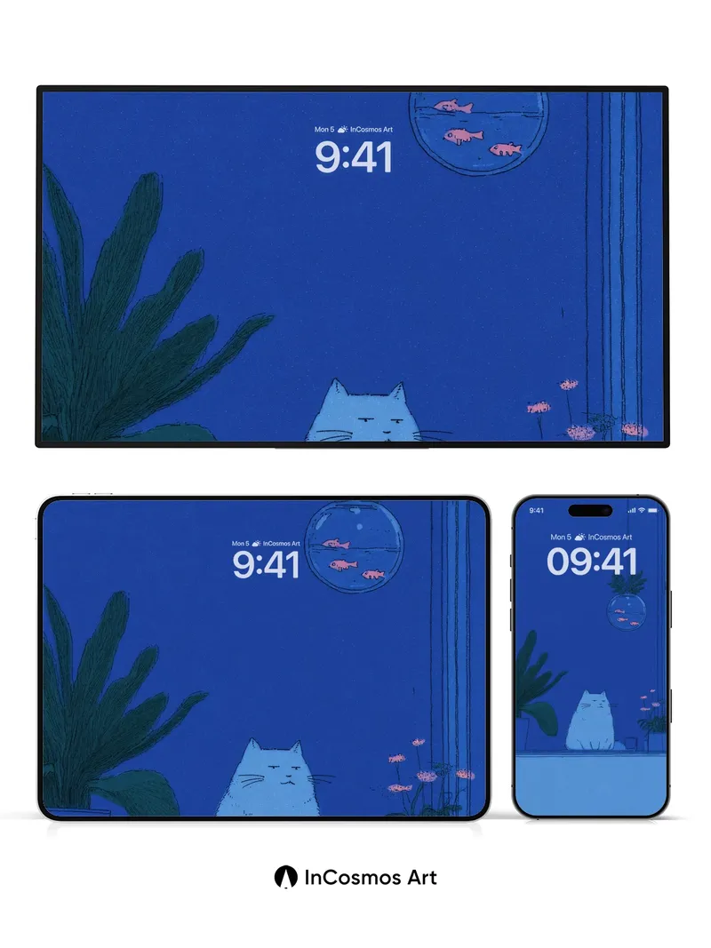 Serene Blue Hush Wallpaper with Floating Fishbowl