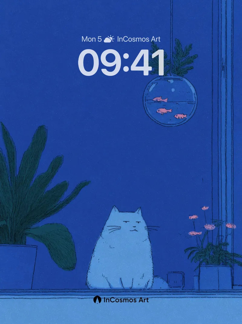 Serene Blue Hush Wallpaper with Floating Fishbowl