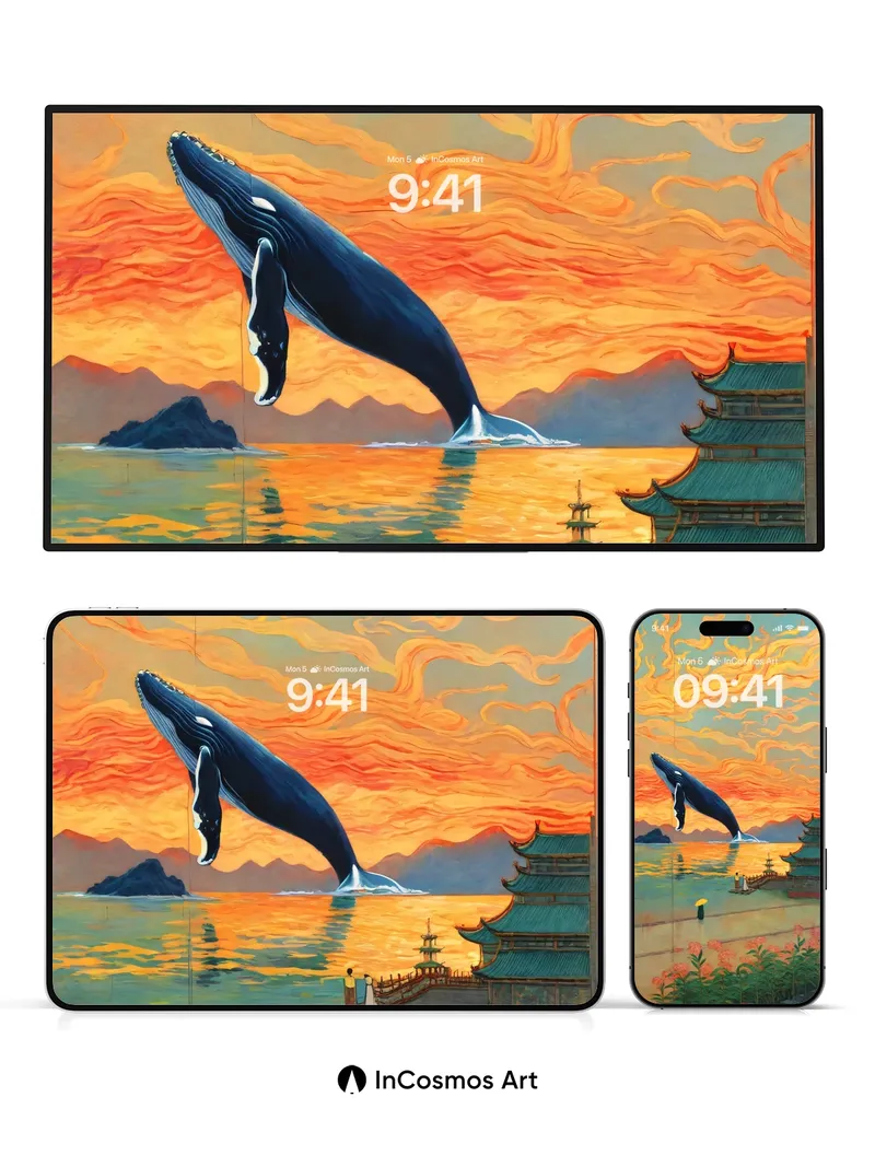 Surreal Sunset Wallpaper with Whale Leap