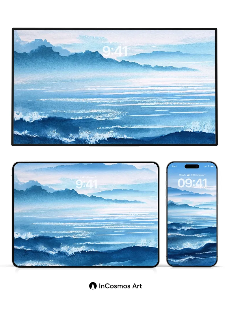 Calm Ocean Haze Wallpaper with Misty Peaks