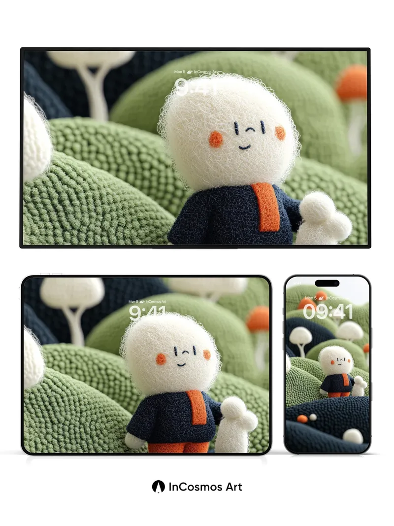 Whimsical Knit Landscape Wallpaper with Fuzzy Characters