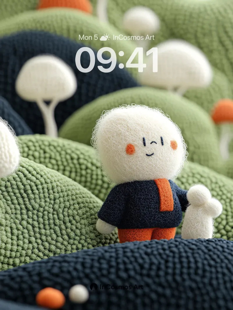 Whimsical Knit Landscape Wallpaper with Fuzzy Characters