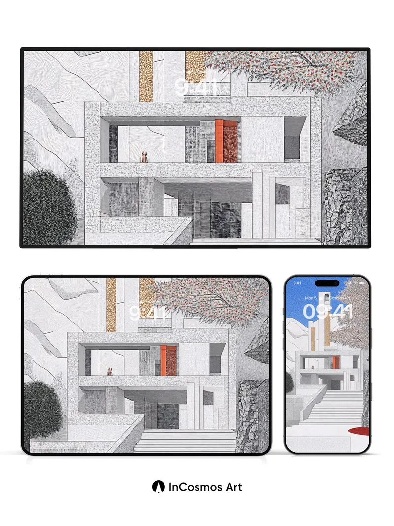 Serene Geometry Wallpaper with Cherry Blossom Whispers