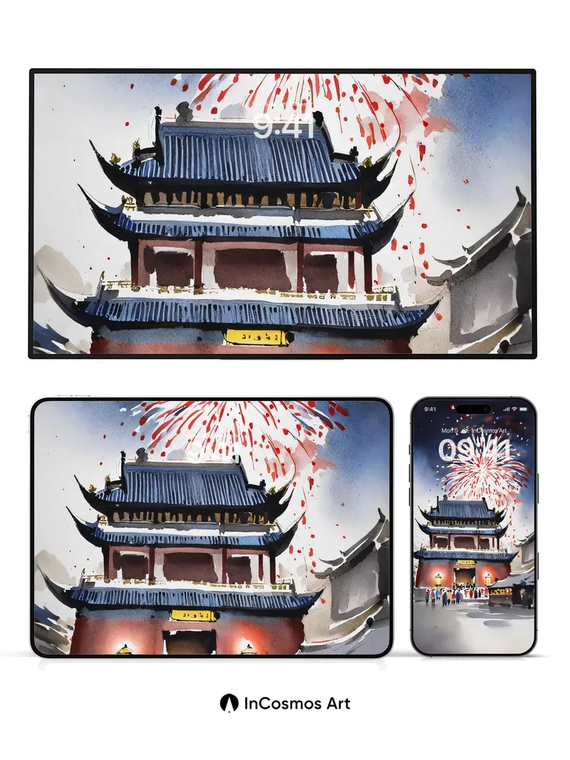 Firework Reverie Wallpaper with Ancient Gate