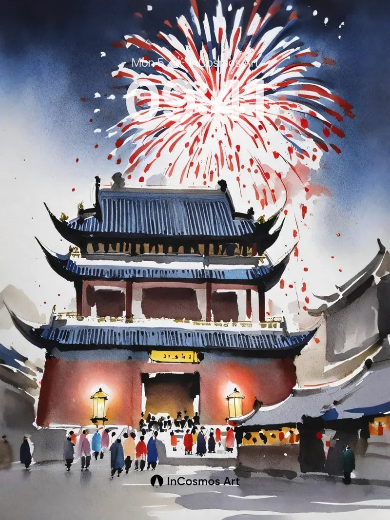 Firework Reverie Wallpaper with Ancient Gate