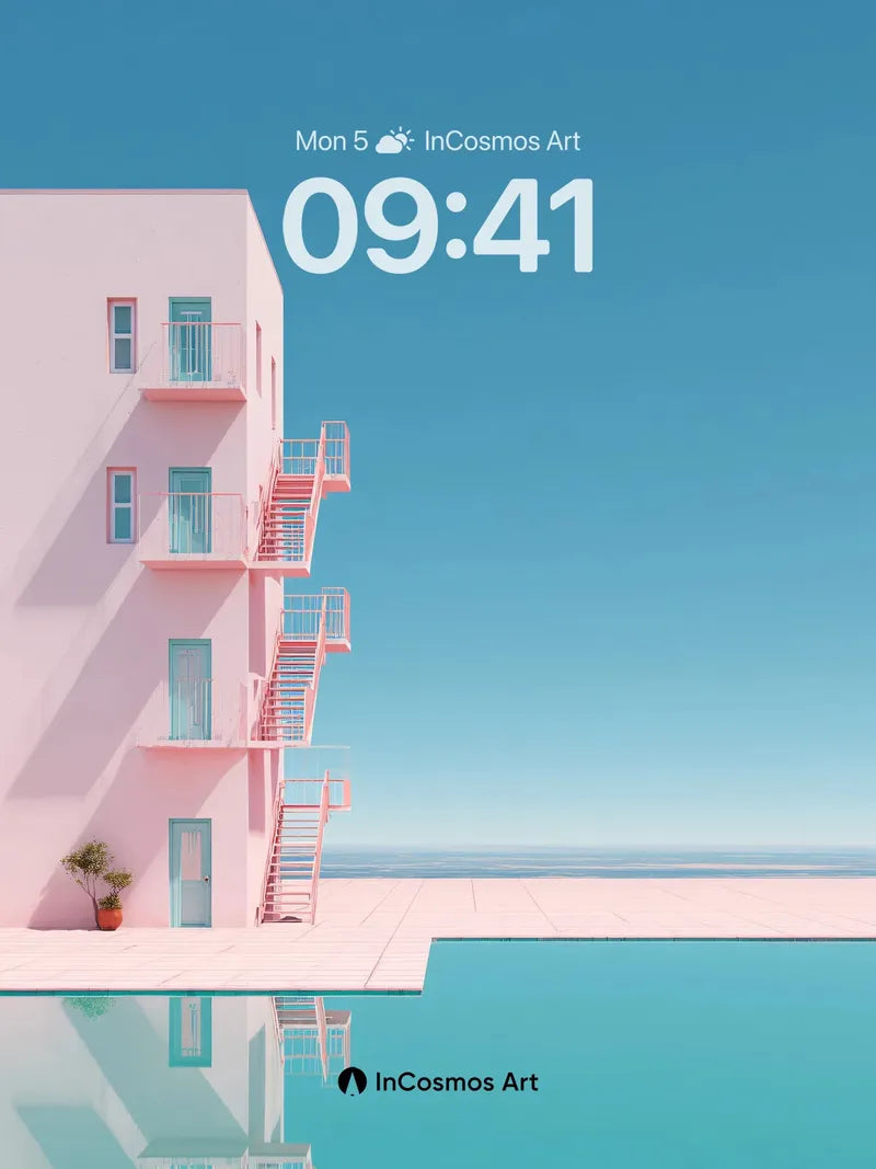 Serene Pink Geometry Wallpaper with Ocean Reflection